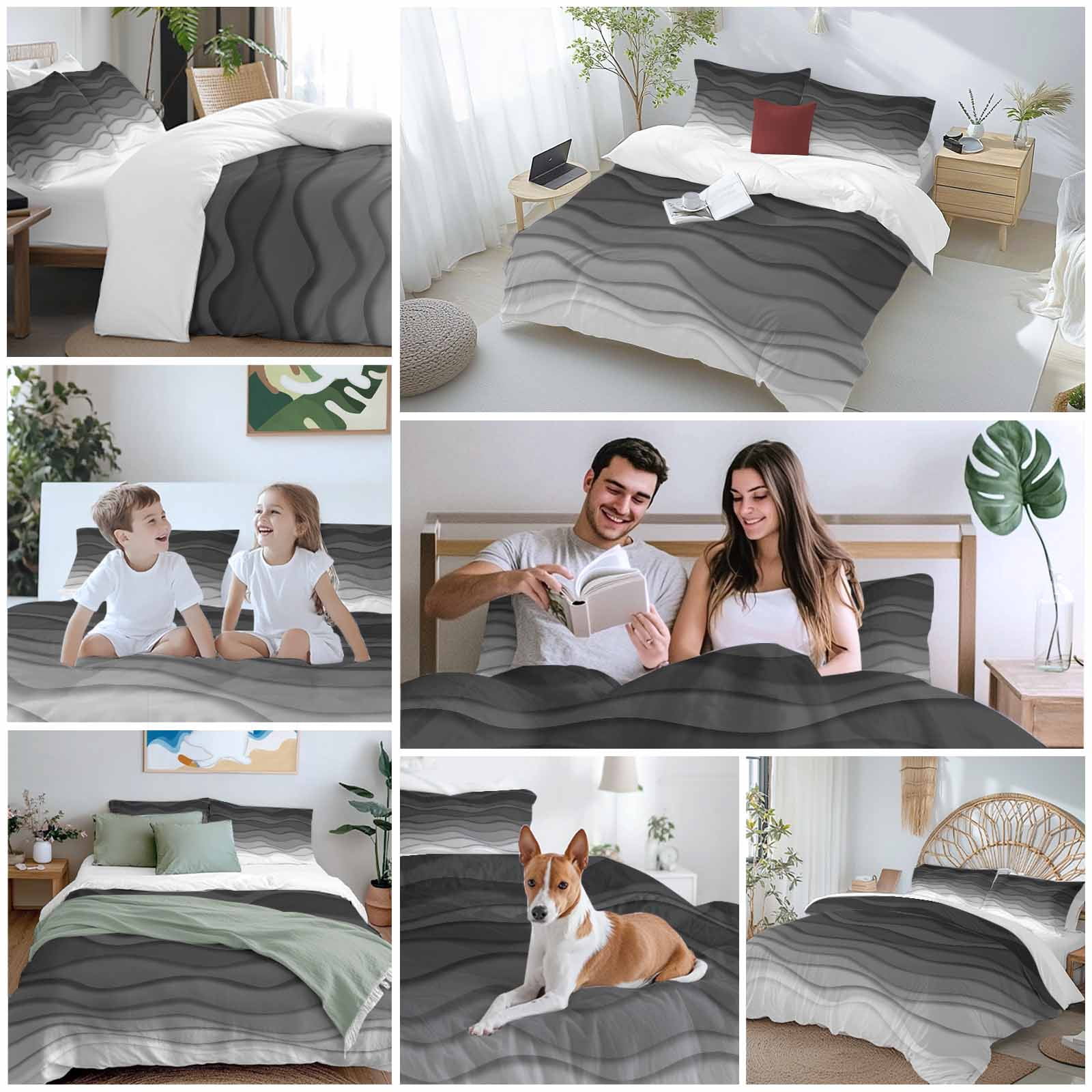 Black Ombre Stripes Bedding 3 Piece Duvet Cover Set Full Size, Modern Abstract Sea Waves Spray Art Soft Microfiber Comforter Cover with Zipper Closure & Pillowcases, FadeResistant Quilt Cover