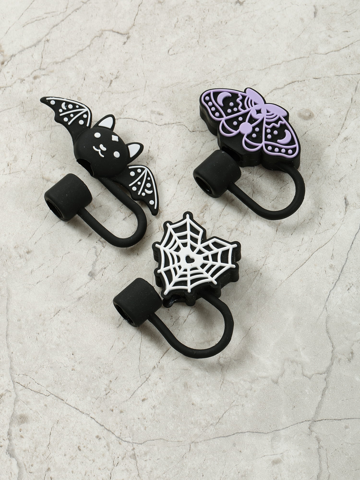 Way to Celebrate Halloween Novelty Silicone Straw Topper Set, Black, 3 Pieces
