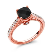 Gem Stone King 1.77 Ct Cushion Checkerboard Black Onyx White Created Sapphire 18K Rose Gold Plated Silver Ring