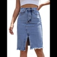thumbnail image 1 of Falda Vaquera Midi Ajustada con Cintura Alta, Abertura Frontal y Dobladillo Sin Rematar para Mujer Azul L, 1 of 10