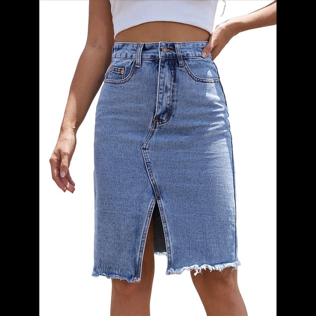 Falda Vaquera Midi Ajustada con Cintura Alta, Abertura Frontal y Dobladillo Sin Rematar para Mujer Azul L