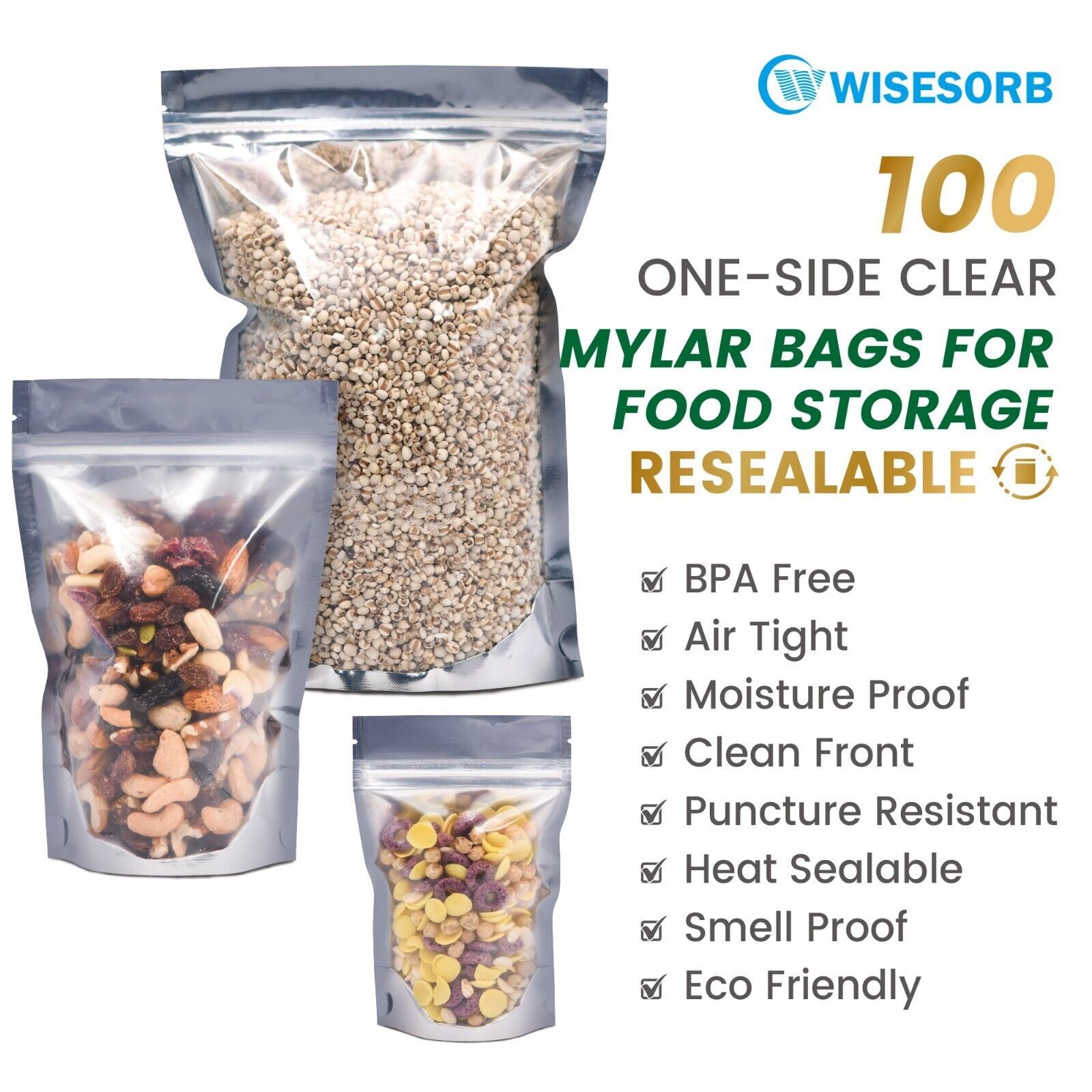 100 Mylar Bags For Food Storage - 10 mil 1 Gallon (25pc), 8 mil 1 Quart  (35pc, 6 mil 1/2 Pint (40pc, Stand Up Resealable Mylar Bags With Oxygen
