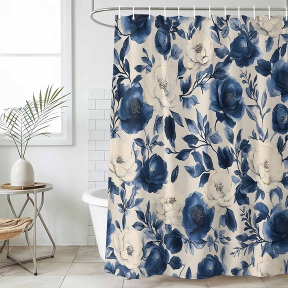 Navy Blue Beige Peony Shower Curtain Set, Waterproof Shower Curtains for Bathroom, Vintage Floral Blossom Botanical Washable Fabric Cloth Bath Curtain for Bathtub Decoration with Hooks 66x72 Inches
