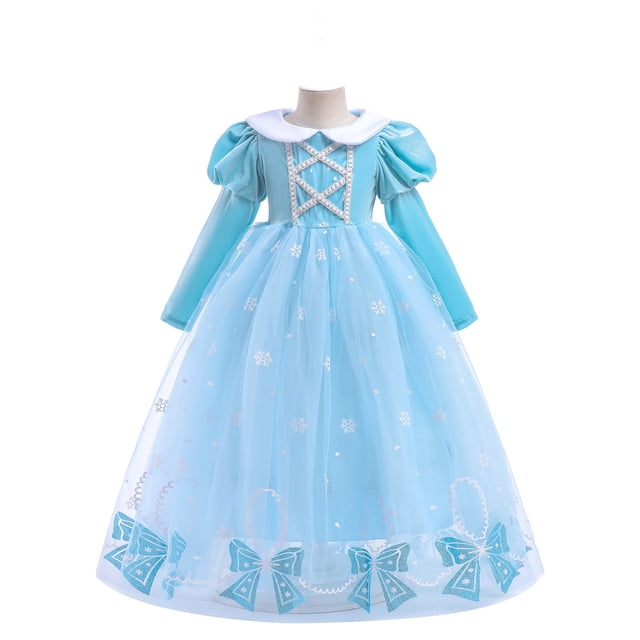 KAWELL Robe de Princesse Elsa pour Fille Costume Flocon de Neige Manches Bouffantes Déguisement de Fête d'Anniversaire Chic