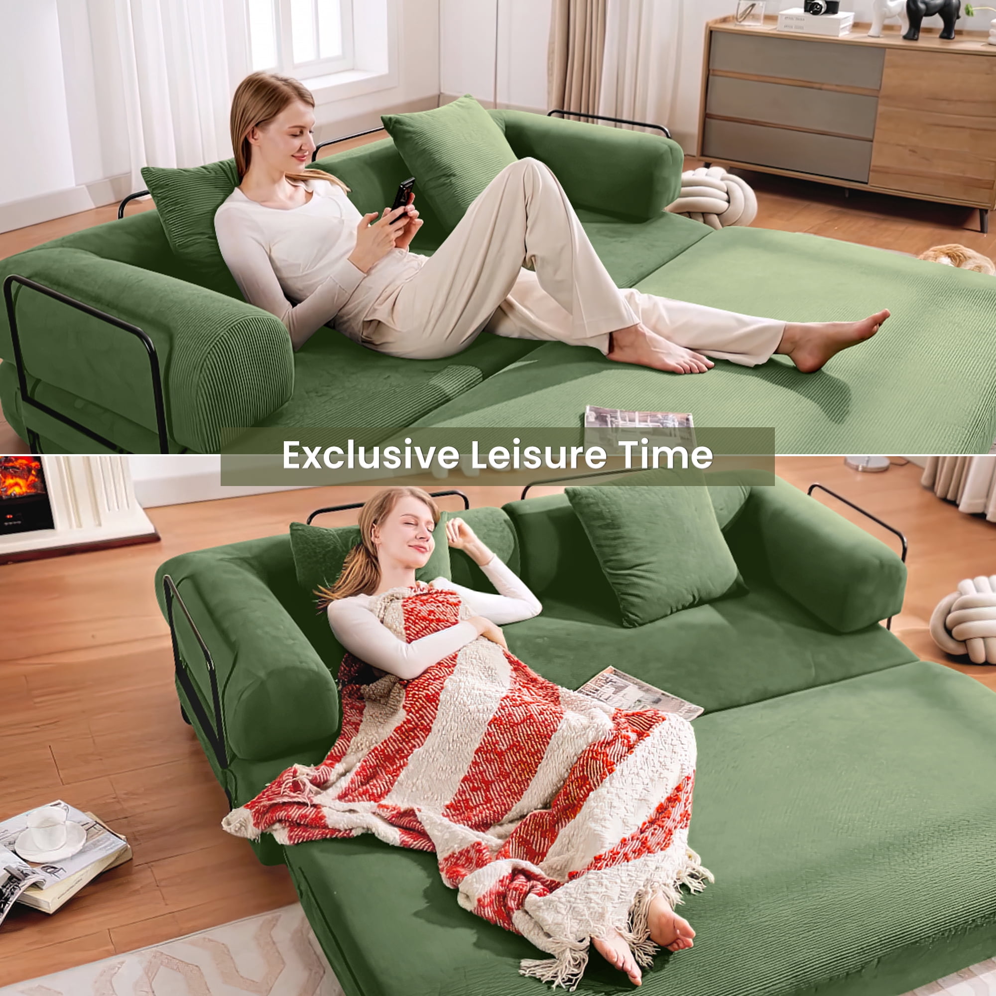 Muumblus 78" Corduroy Loveseat Cloud Sofa , Queen Size Convertible Slpper Couch Bed for Living Room, Dark Green