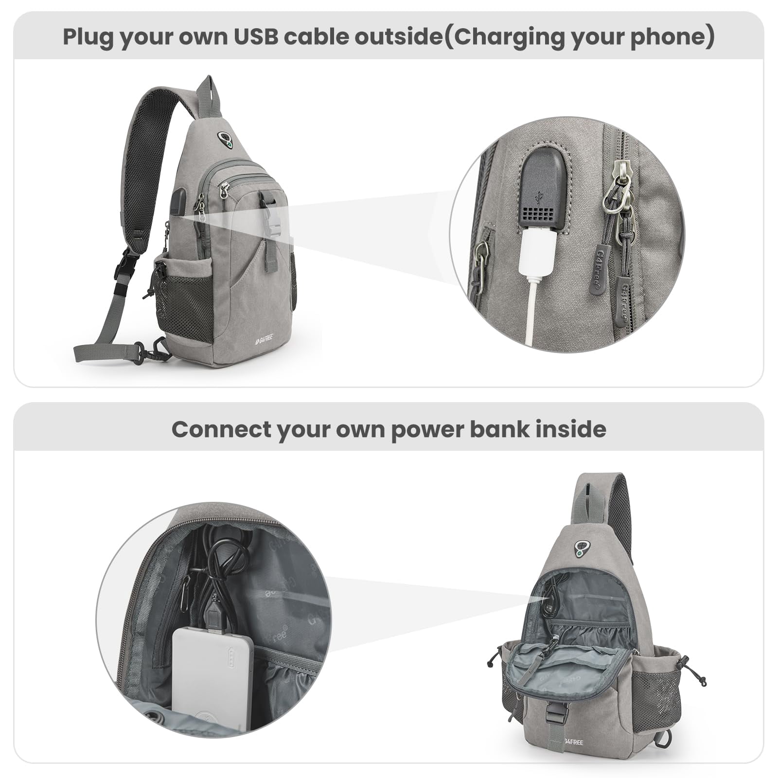 G4Free Canvas Sling Bag Crossbody Backpack with USB Charging Port & RFID Blocking, Hiking Daypack Chest Bag for Women Men