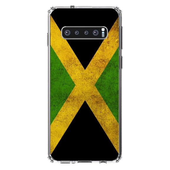 DistinctInk Clear Shockproof Hybrid Case for Samsung Galaxy S10 (6.1" Screen) - TPU Bumper, Acrylic Back, Tempered Glass Screen Protector - Jamaica Old Flag Black Green Yellow - Jamaica