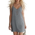 thumbnail image 3 of Afuyipoi Womens 100% Cotton Adjustable Spaghetti Strap V-Neck Button Front Mini Dress, Loose Casual Solid Color Sundress, Soft Breathable Summer Beach Vacation Dress For Women Dark Gray Size L, 3 of 9