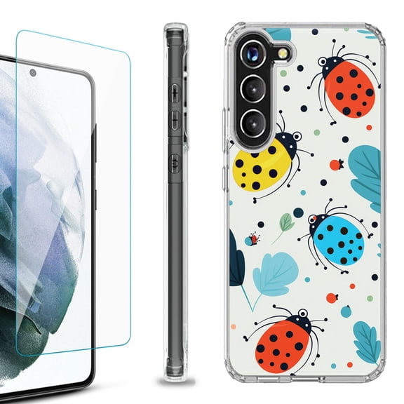 OneToughShield ® for Samsung Galaxy S23  S23 Plus 5G Shockproof Bumper Phone Case, with Tempered Glass Screen Protector - Ladybug Mix