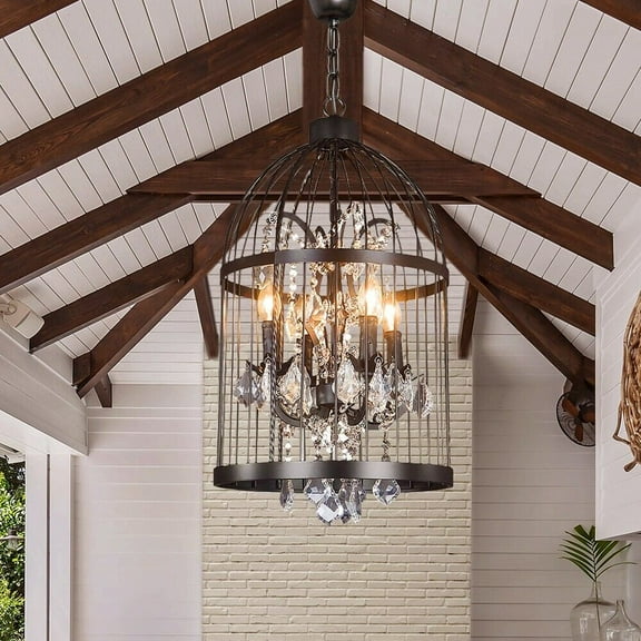 KPIBEST Vintage Wrought Iron Chandelier, Rustic Crystal Pendant Light，Creative 4 Lamp Holder Birdcage Design, Ceiling Lighting Fitting for Restaurants, Cafes, Bars, Corridors, Exhibition Halls