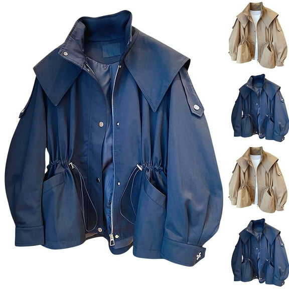 Women Utility Jacket Oversized Casual Coat Zip Up Short Outerwear Lightweight Drawstring Waist Fashion Workwear