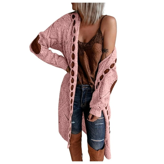 Fall Cardigan Sweaters for Women 2022 Elbow Patches Knitted Chunky Long Sweater Fashion Patchwork Open Front Coat