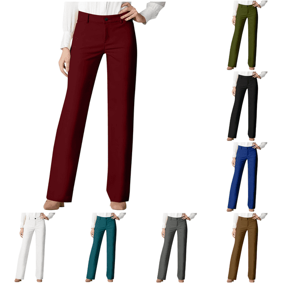 Yuanlook Women Straight Leg Dress Pants, Button Zipper Fly Mid Rise Full Length Business Work Trousers Classic‑Fit Office Casual Bottoms S‑XXL