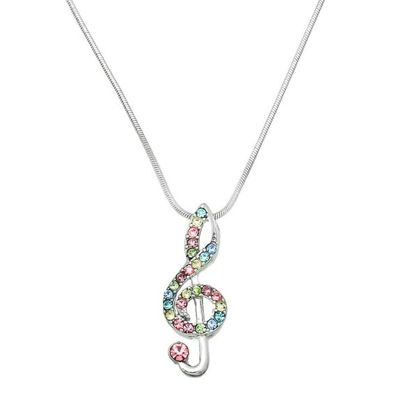 Music Note Pendant Necklace Rhinestone Crystal Rhodium High Polished J0234-MT