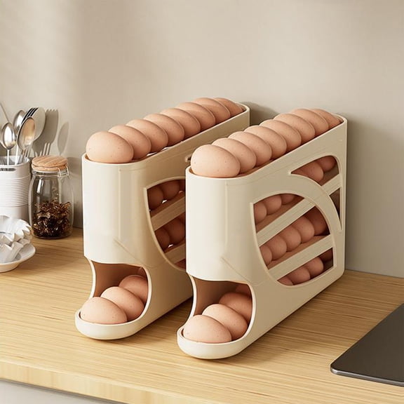 Automatic Rolling Egg Storage Rack with Side Access, Multi-Tier Organizer for up to 30 Eggs, Space-Saving Kitchen Counter, Pantry and Refrigerator Storage Solution, Yellow