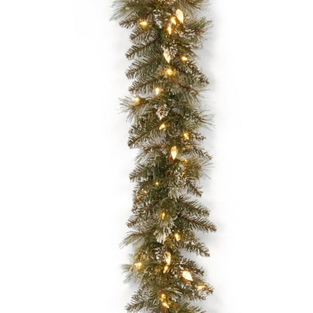 9' Glittery Bristle Pine Garland with Warm White LED Lights