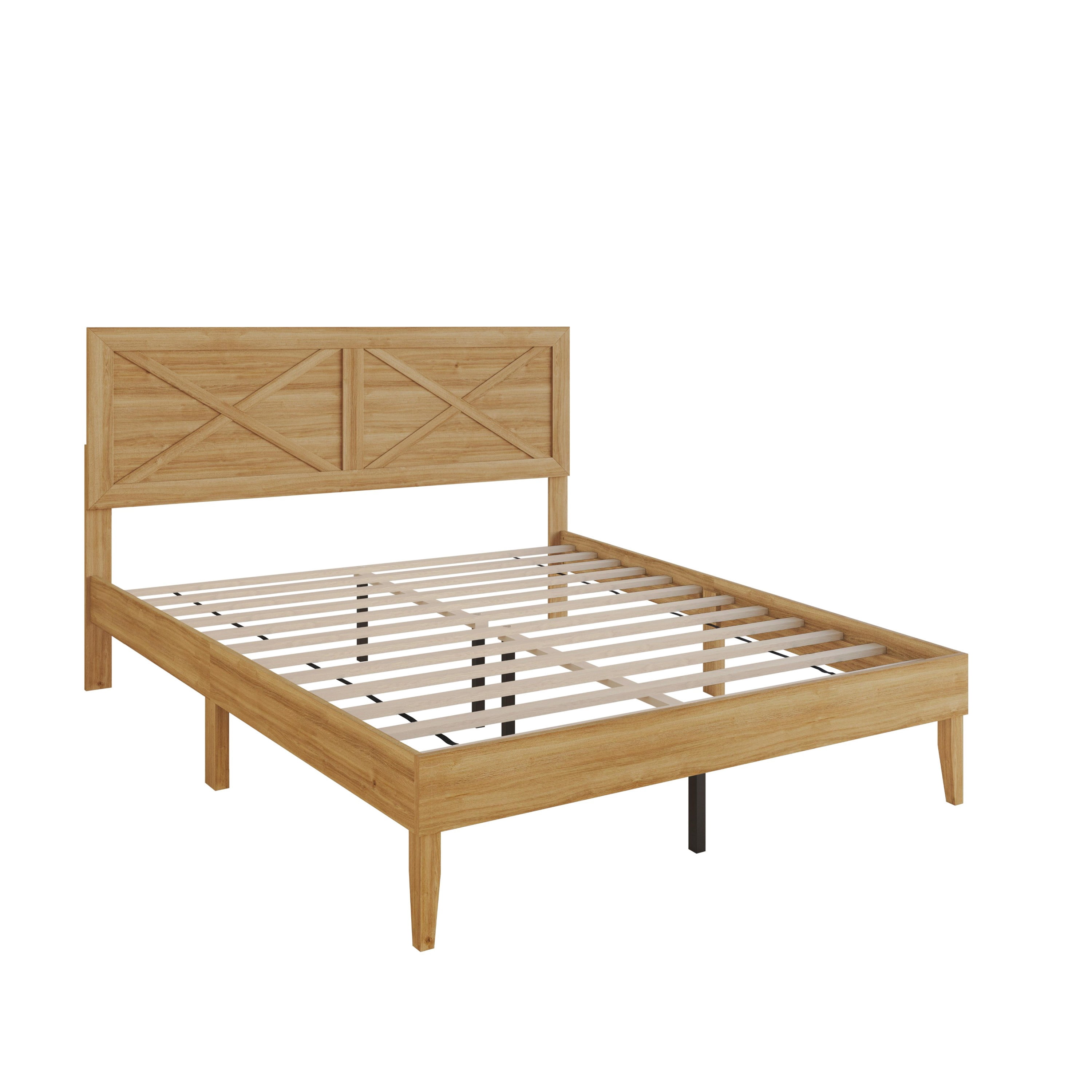 Home Design Oxnard Twin Solid Wood Platform Bed Frame with X-Pattern Headboard and Full Slat Support System, Light Oak