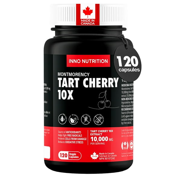 Inno Nutrition Cerise Acidulée Montmorency 10 000 Mg 120 Capsules / Nettoyage à l'Acide Urique, Soutien des Articulations et du Sommeil / Fabriqué au Canada