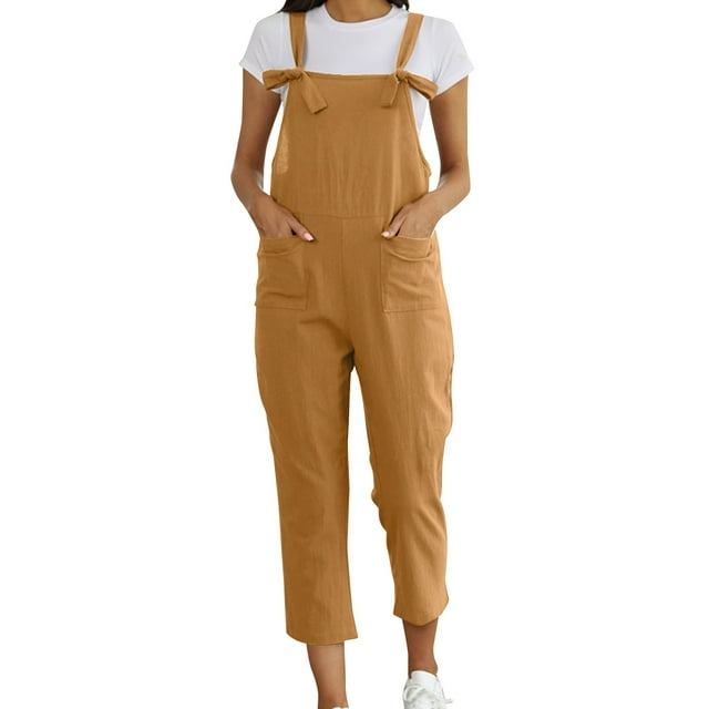 Women's Washed Linen Bib Overalls - Casual Ripped Jumpsuit Rompers - Adjustable Straps & Four Pockets