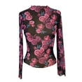 thumbnail image 6 of Lace Mesh Sheer Long Sleeve Tops for Women Layering Floral Embroidery See Through Tee Fitted Tight T Shirts Blouses Hot Pink S, 6 of 7
