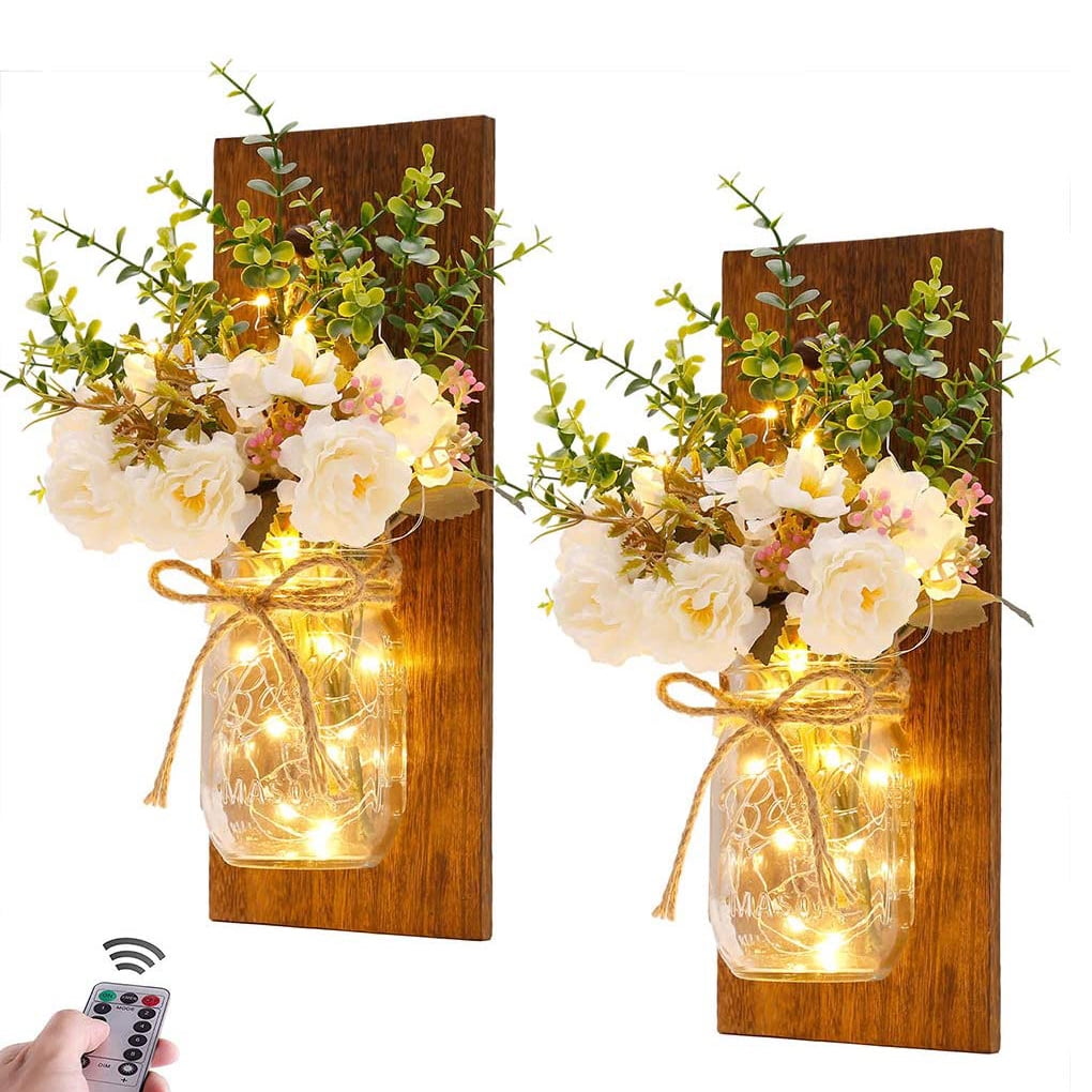 Mason Jar Wall Sconce Set of Two Choice of Lights and Flowers Handmade in USA 