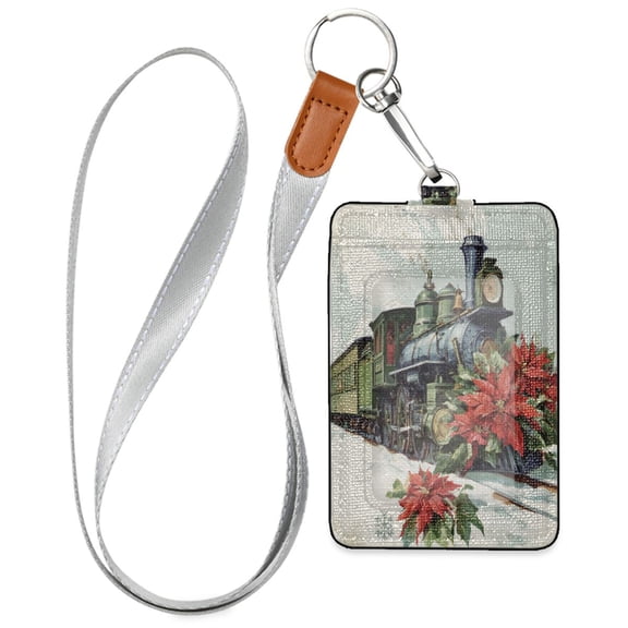 PU Leather Badge Holder ID Badge Holder with Lanyard for Cards & Credentials Old Train with Flowers