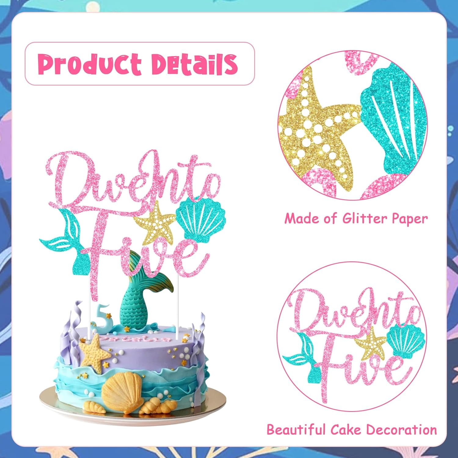 Dive Into Five Cake Topper – Niedlicher Mermaid 5. Geburtstag Topper Aus Glitzerpapier (15 X 14 Cm, Blau/grün/rosa)