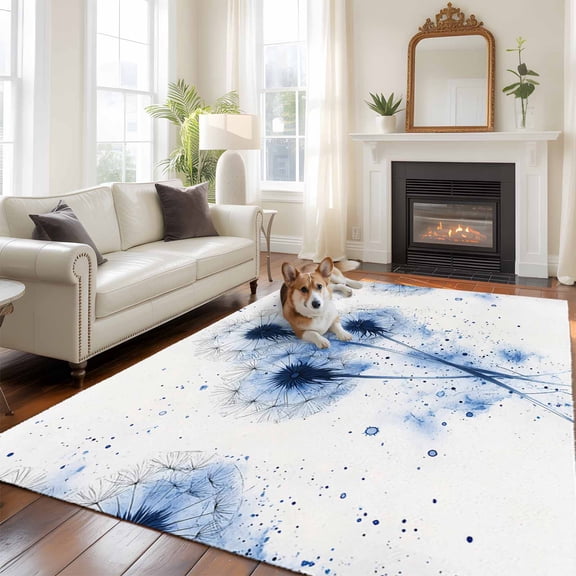 6'x9' Area Rugs, Blue Dandelion Indoor Outdoor Area Rug for Living Room Bedroom, Rustic Simple Botanical Spring Flowers Washable Bathroom Rugs Kitchen Floor Carpet Mats Home Decor Aesthetic