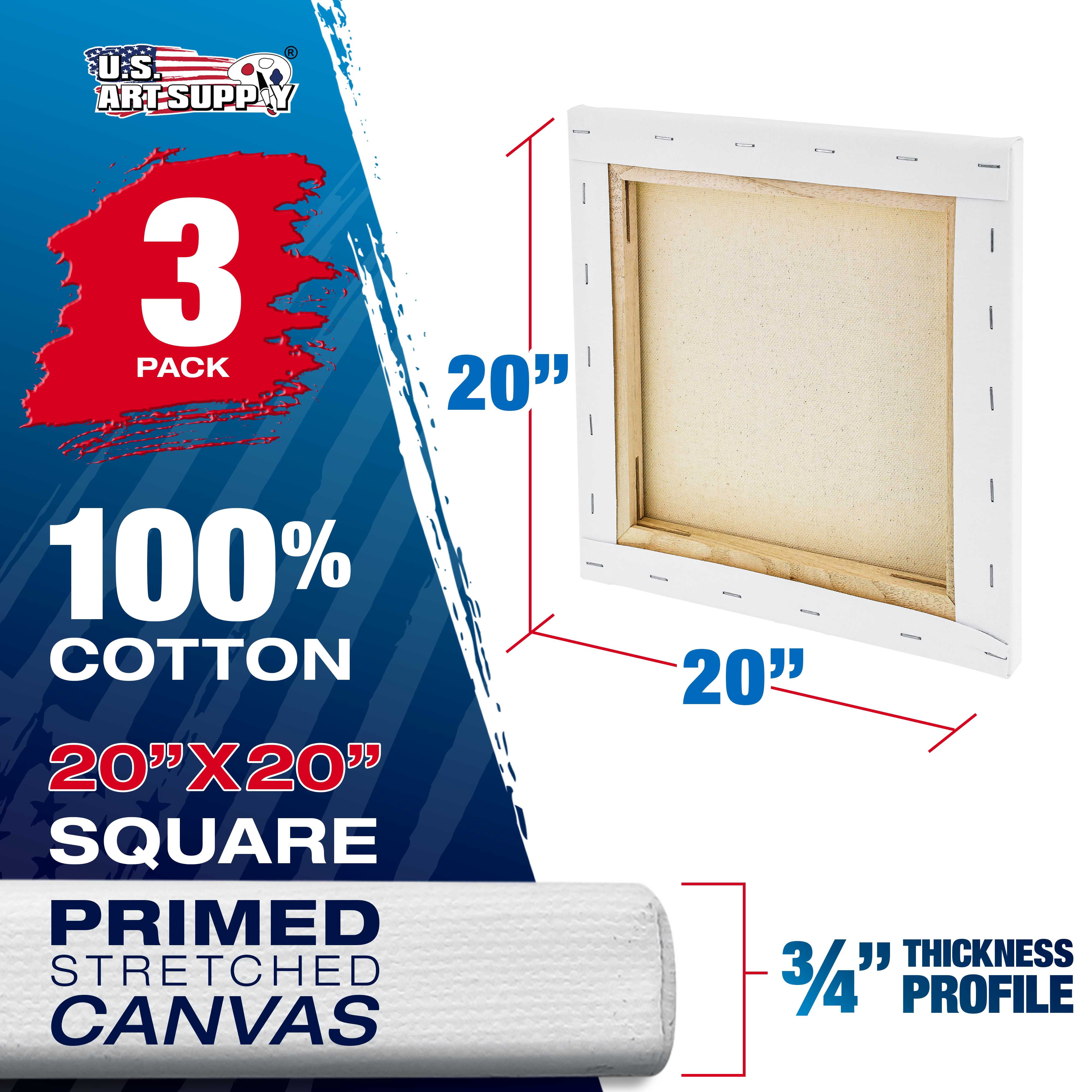U.S. Art Supply 20 x 20 inch Stretched Canvas 12-Ounce Triple Primed, 3-Pack - Professional Artist Quality White Blank 3/4" Profile, 100% Cotton, Heavy-Weight Gesso - Acrylic Pouring, Oil Painting