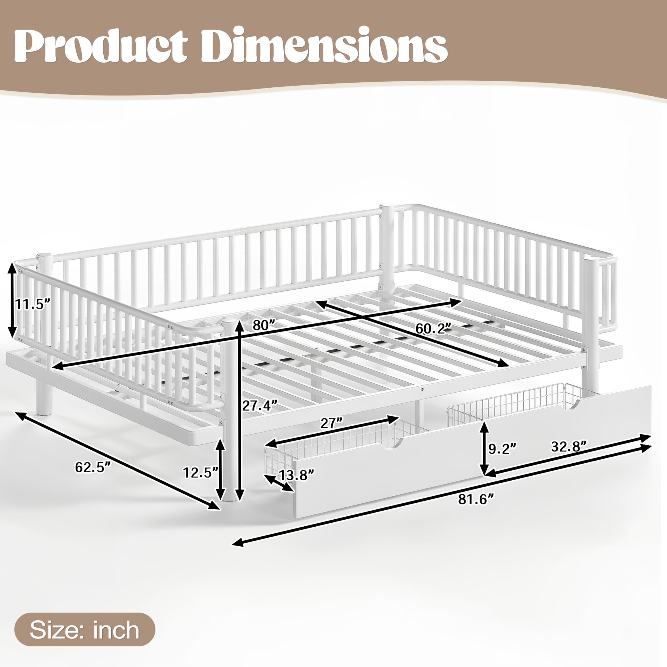 Noble House Queen Size Platform Bed with Storage Drawers, Daybed Frame with Round-Pipe Design, White