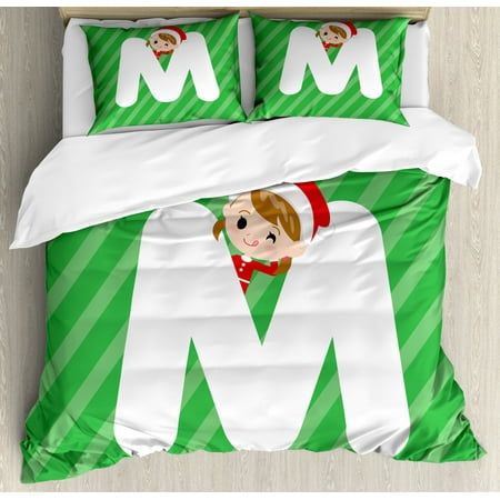 M And S Christmas Bedding Christmas Alphabet Duvet Cover Set, Santa Popping from Behind a Letter M Happy Holiday Setting, Decorative Bedding Set with Pillow Shams, Green Dark Coral White, by Ambesonne ()