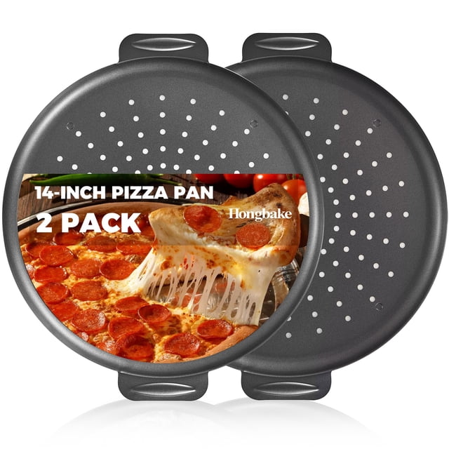 Sartén para pizza HONGBAKE de acero al carbono de 14 pulgadas, antiadherente con orificios, 2 unidades