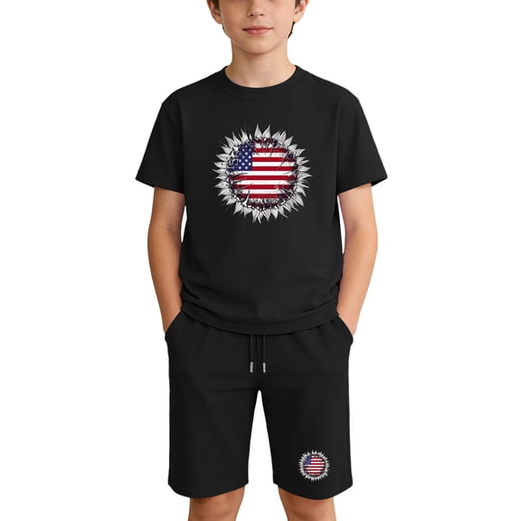 SELONE Boys Short Sets Two Piece Patriotic Graphic Kids Clothing Short Sleeve T Shirts 4th of July Outfits