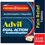 Advil Dual Action Coated Caplets with Acetaminophen, 250 Mg Ibuprofen and 500 Mg Acetaminophen Per Dose (2 Dose Equivalent) for 8 Hour On the Go Pain Relief - 2 Per Pack, (10 Packs)