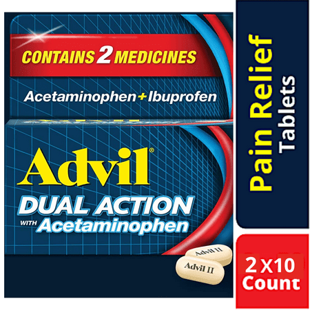 Advil Dual Action Coated Caplets with Acetaminophen, 250 Mg Ibuprofen and 500 Mg Acetaminophen Per Dose (2 Dose Equivalent) for 8 Hour On the Go Pain Relief - 2 Per Pack, (10 Packs)