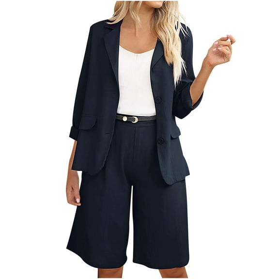 Ecqkame Women Casual Blazer Shorts Two Piece Set Solid Turndown Collar Long Sleeve Pullover Shirt Tops   Pants Trousers Set Navy XL