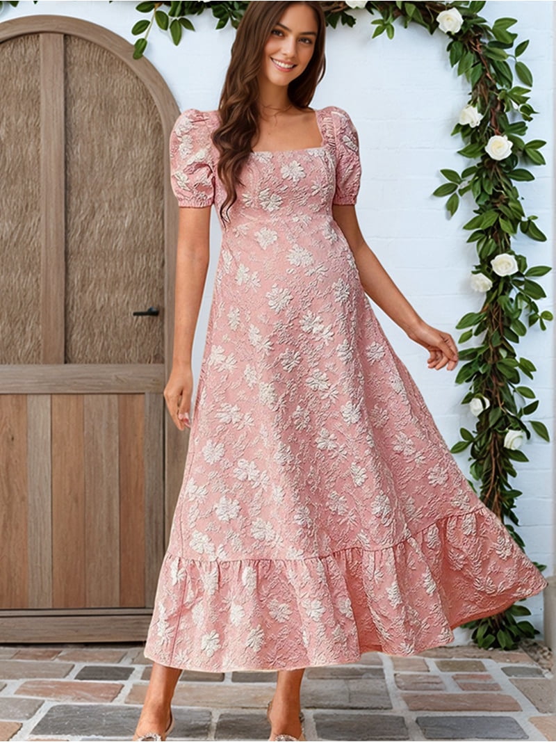 maternity maxi dresses for summer Women Maternity Maxi Dress Square Neck Jacquard Puff Sleeve Elegant French Summer Slim Fit Dress Cream White XXL