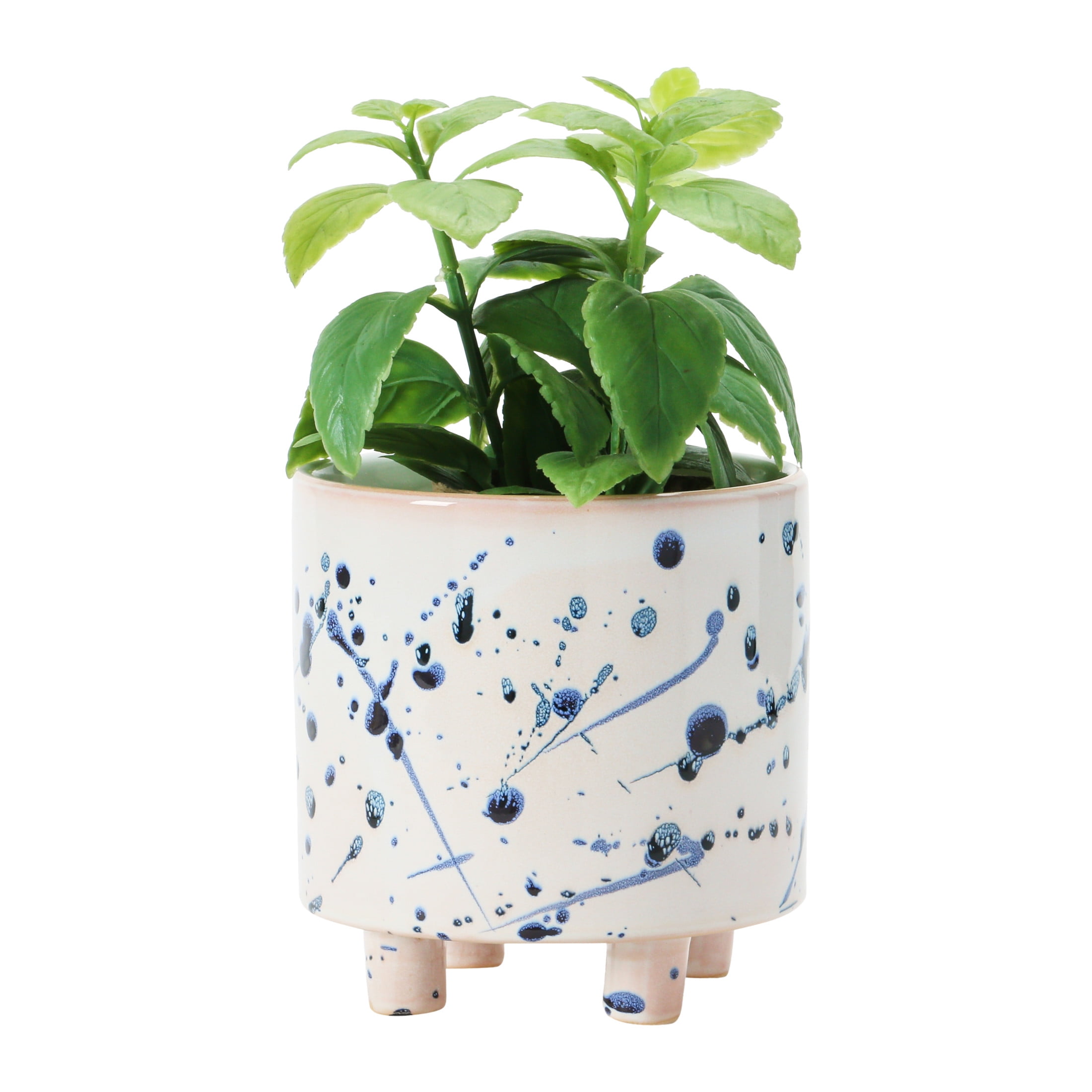 Creative Co-Op Stoneware Footed Planter with Splatter Design, White and Blue