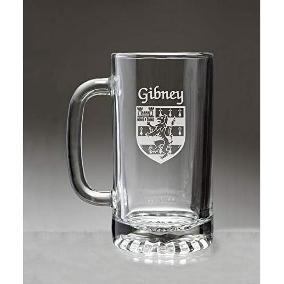 Gibney Irish Coat of Arms Glass Beer Mug (Sand Etched)