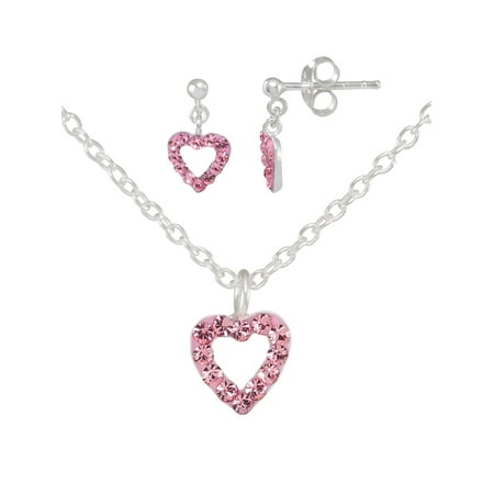 Girls' Sterling Silver Pink Crystal Open Heart Pendant and Dangle Earring Set