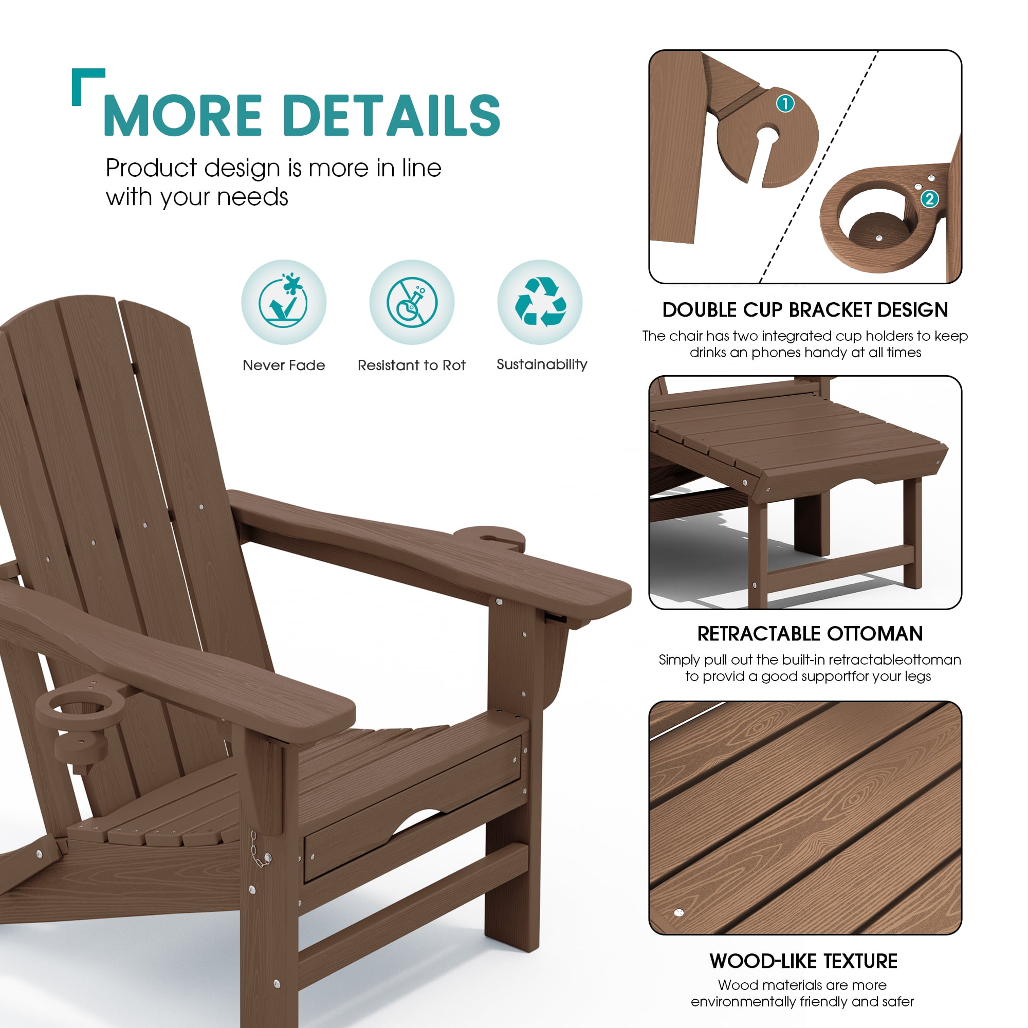 KINGYES Folding Adjustable Adirondack Chair with Retractable Ottoman Set of 2 for Patio Garden, Brown