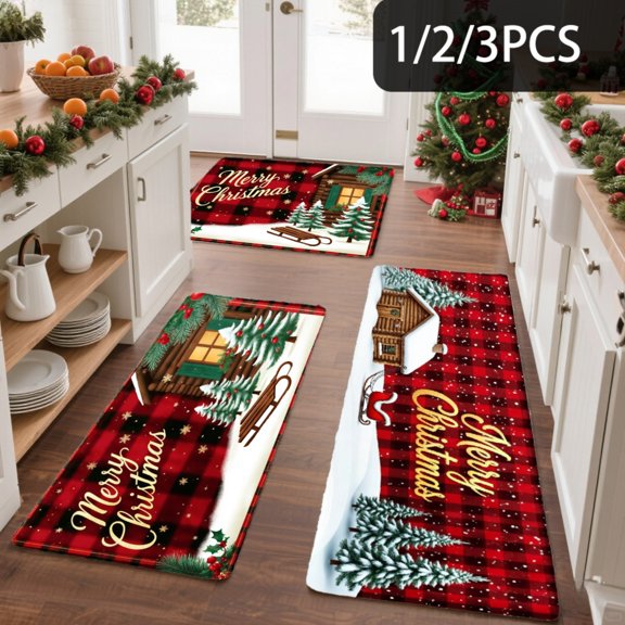 3PCS Kitchen Mat set, Welcome Door Flannel Rug,Home Decor for Front Door,Kitchen, Bathroom, Merry Christmas Plaid Trees House Sleigh Snowflake Pattern ,Great