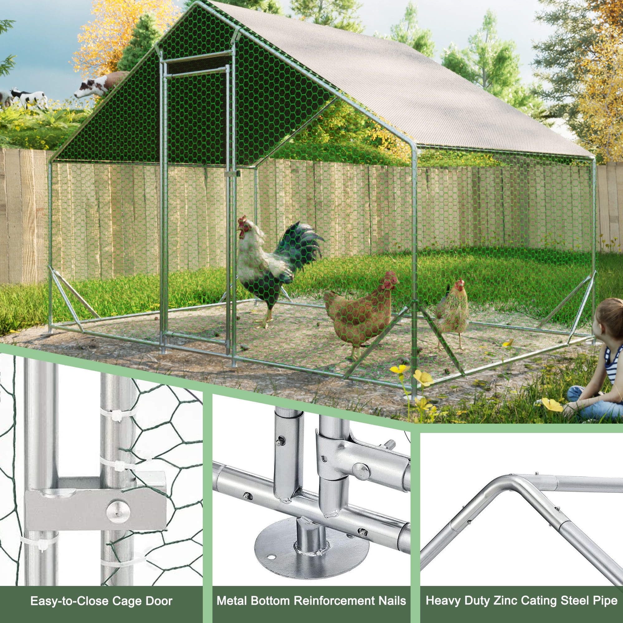 Large Walk-in Metal Chicken Coop 10'×6.6'×6.56', Galvanized Wire Poultry Run Cage with Waterproof Anti-UV Cover for Chickens Ducks Rabbits Outdoor Backyard Farm