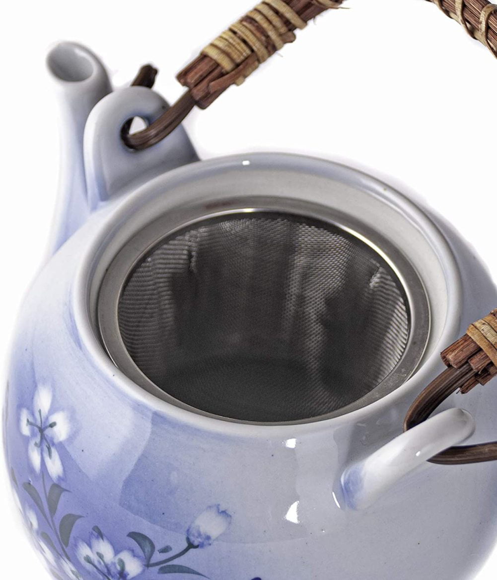 FMC Fuji Merchandise Kagetsu Traditional Japanese Style Ceramic Dobin Teapot with Rattan Handle 25 fl oz Teapot w/Stainless Steel Infuser Strainer Loose Leaf Tea Blue Sakura Cherry Blossom Design
