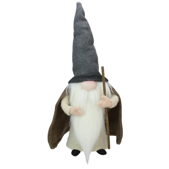18" Standing Big Nose Gnome in Grey Red Holding a Stick