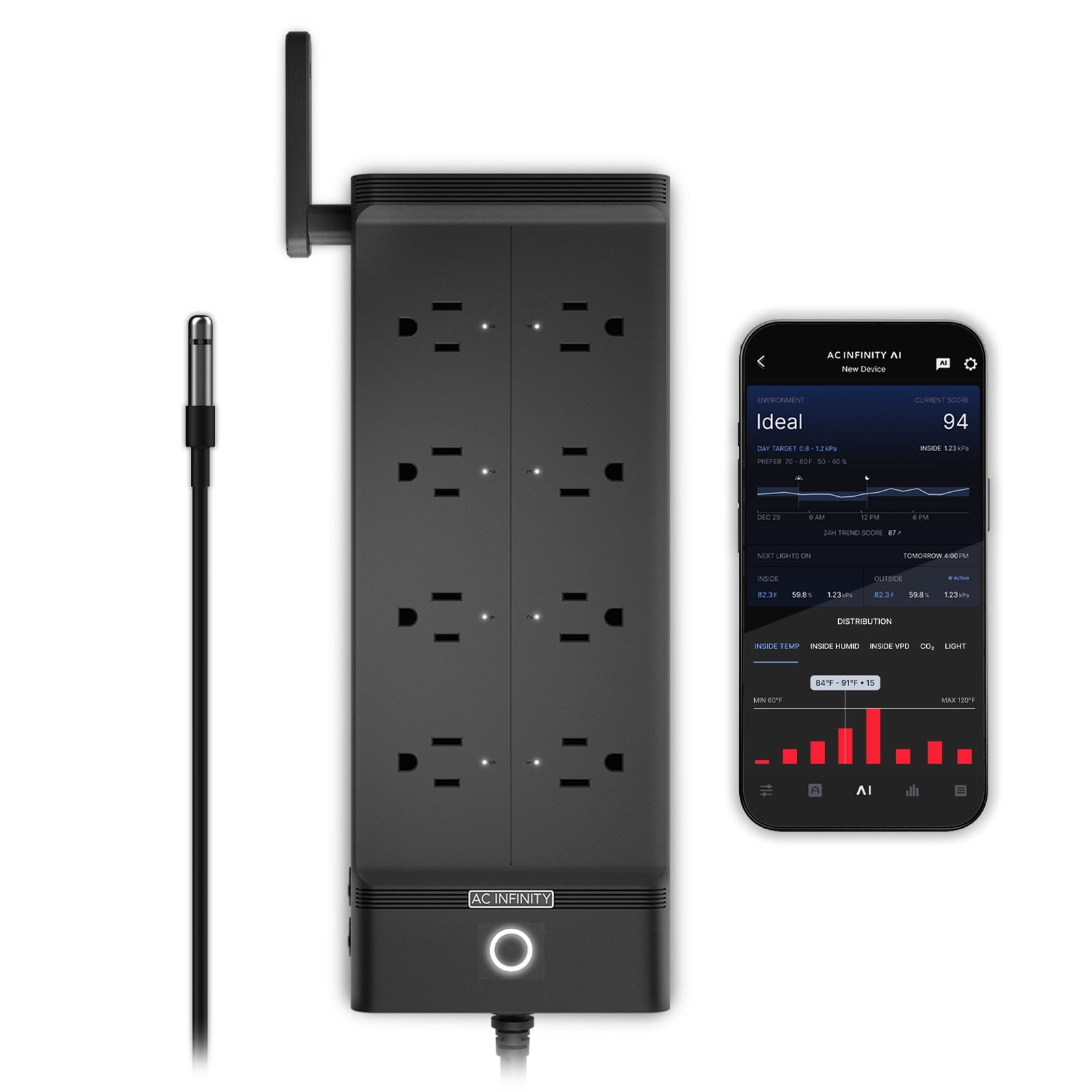 OUTLET AI+ Environment Controller, Smart WiFi Outlets, Dual-Zone Temperature Humidity, AI Targeting, Dynamic ON/OFF Programming, Expandable Sensors, Individual Control 8-Plugs, 1800W