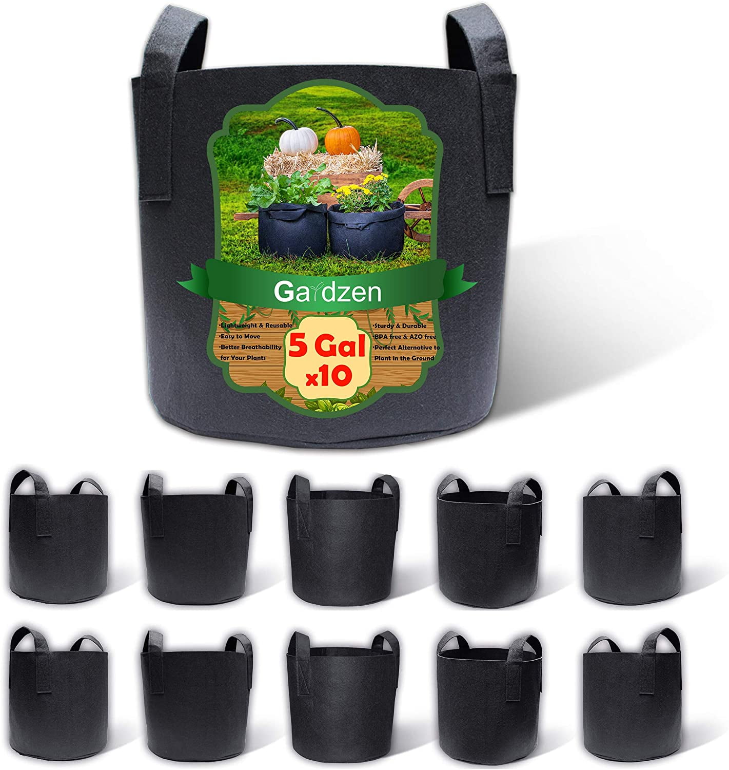 Hongville 5-Pack Black Grow Bags Aeration Fabric Pots w/Handles Root Container 