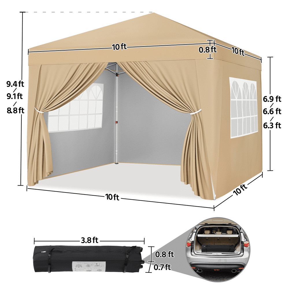 Renwick 10x10 Ft Pop Up Adjustable Canopy with 4 Sidewalls, Khaki