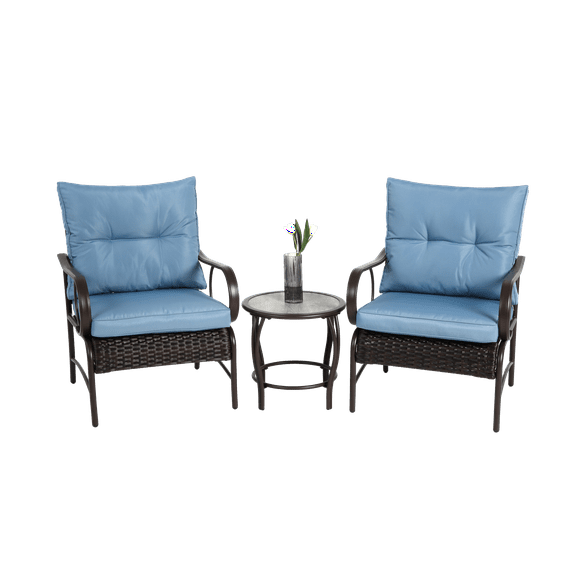 3 Pieces Patio Furniture Sets,Outdoor PE Rattan Wicker Chairs with Soft Cushion and Coffee Table for Garden Backyard Porch Poolside,Blue