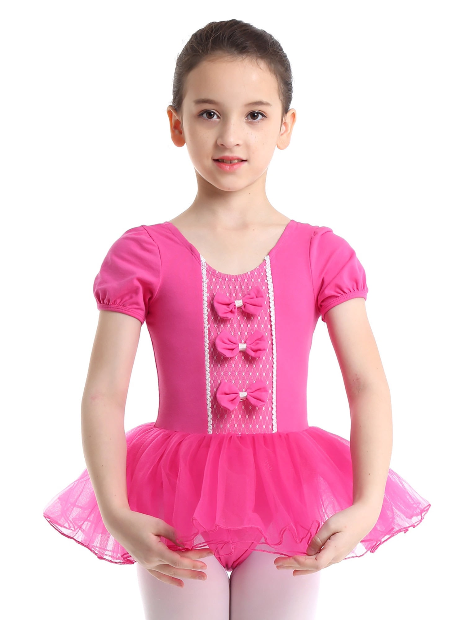 iiniim Kids Girls Lyrical Short Sleeves Floral Lace Splice Ballet Tutu
